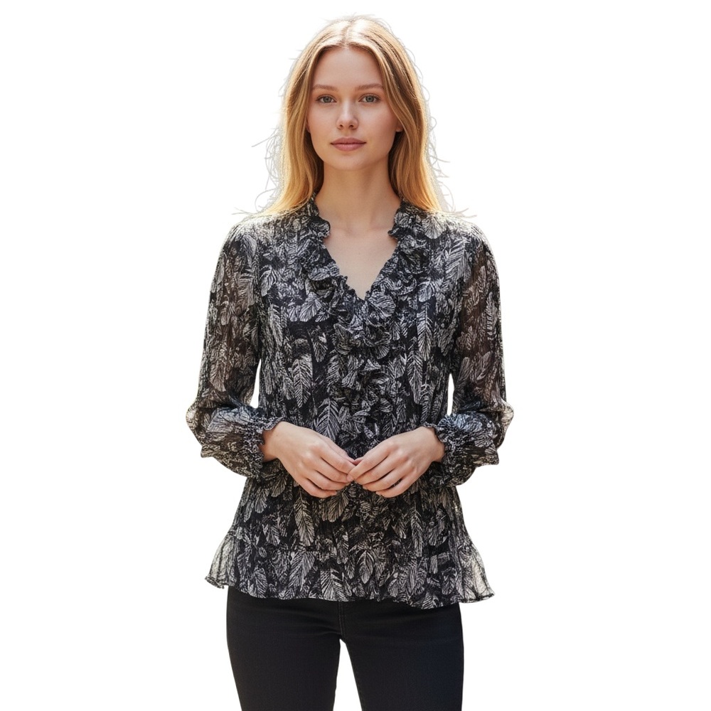 Style & Co Black & White Semi Sheer Ruffle Blouse Size 14P